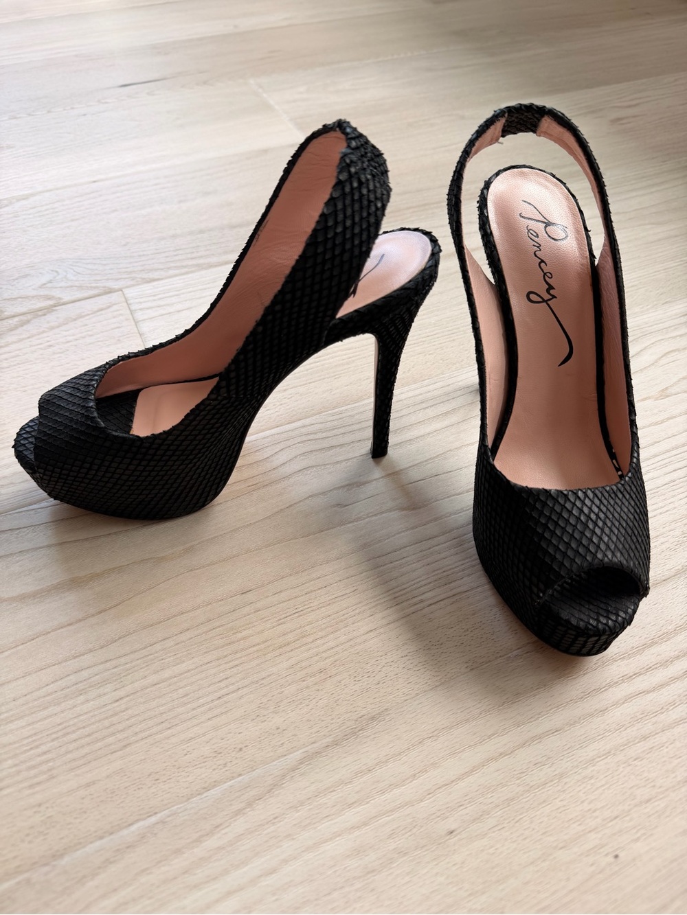 Pencey Black Textured Peep-Toe Slingback Heels